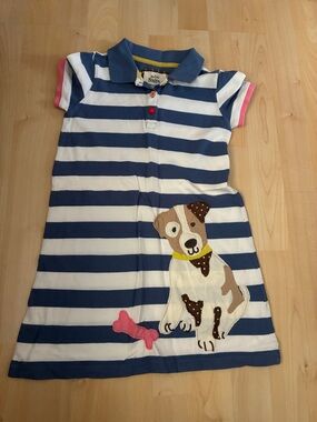 Mini Boden Blue & White Striped Dress with Dog Appliqué and Pink Trim